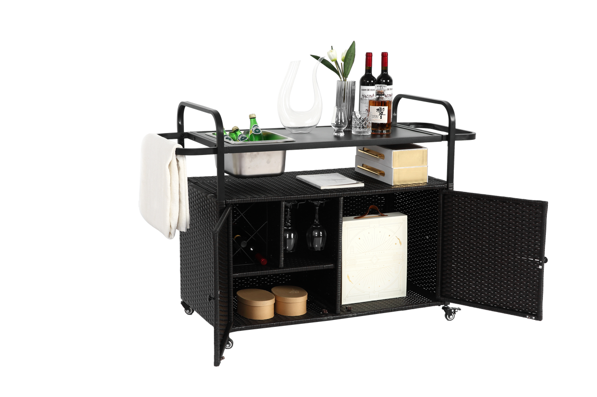 Outdoor Bar Table with Wicker Bar Cart and Steel Top