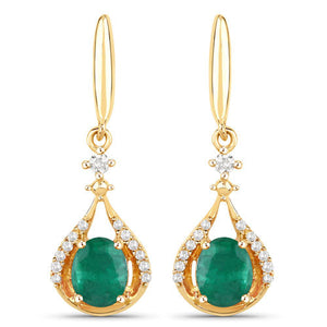 0.70 Carat Genuine Zambian Emerald and White Diamond 14K Yellow Gold Earrings