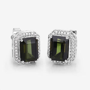 3.57 Carat Genuine Green Tourmaline and White Diamond 14K White Gold Earrings