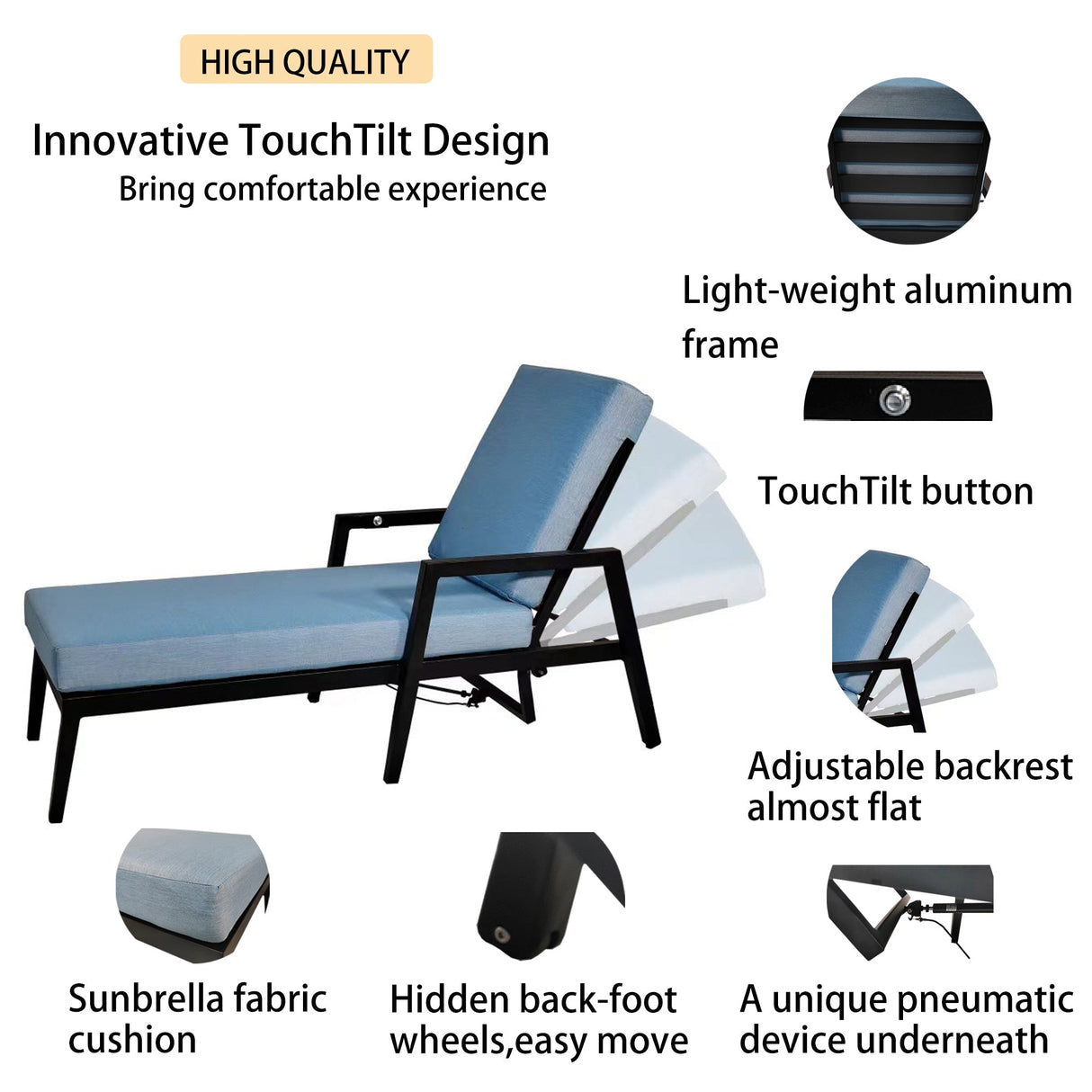 3PC Outdoor Aluminum Patio Furniture Chaise Lounge Set, 2 Chaise & 1 End Table with Modern Tapered Feet, Pneumatic Adjustable Backrest for Effortless Reclining, Wheels, Sunbrella Cushion, Ember Black