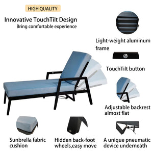 3PC Outdoor Aluminum Patio Furniture Chaise Lounge Set, 2 Chaise & 1 End Table with Modern Tapered Feet, Pneumatic Adjustable Backrest for Effortless Reclining, Wheels, Sunbrella Cushion, Ember Black