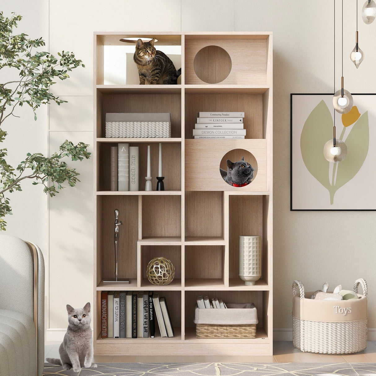 Furniture Style Cat Bookcase Cat Tree Shelves Natural Particle Board MDF 63.5 Inch