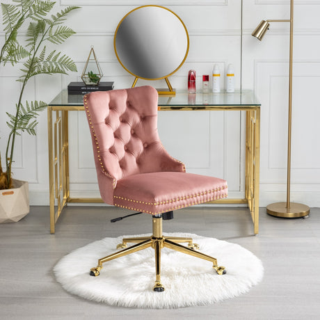 Velvet upholstered tufted chair with golden metal adjustable swivel base