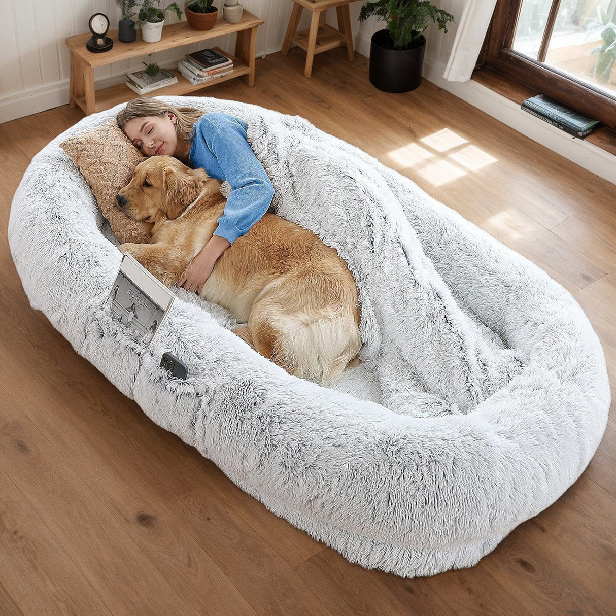 Human Dog Bed, Washable Faux Fur Dog Bed for People ,71''x45''x14'' Size Fits You and Pets (Grey)