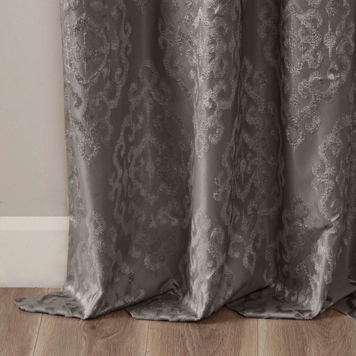 Charcoal Knitted Jacquard Damask Blackout Curtain Panel with Silver Grommets