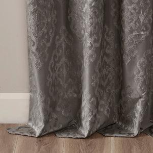 Charcoal Knitted Jacquard Damask Blackout Curtain Panel with Silver Grommets
