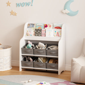 Children's Bookcase with 6 Storage Bins - Multi Functional Organizer - White