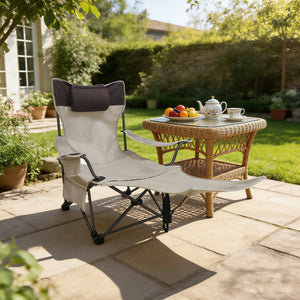 Beige Outdoor Folding Camping Chair with Adjustable Recline and Cup Holder