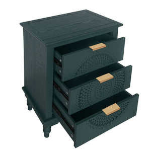 Hollow Carved 3 Drawer Dresser With Metal Handles, Storage Chest For Living Room Or Bedroom - Blackish Green