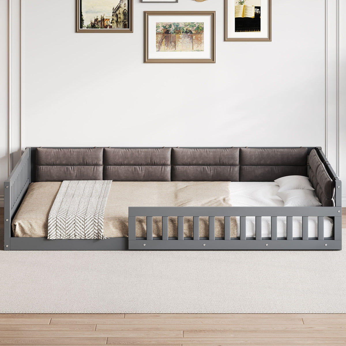 Upholstered Platform Bed With Guardrail And Pillow
