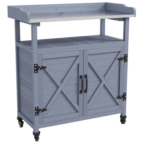 Wooden Potting Table with Storage Cabinet, Aluminum Table Top, Rubber Wheels, Gray