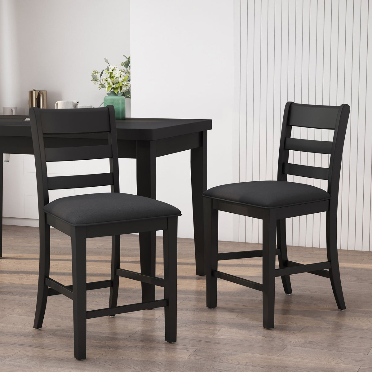 Farmhouse Upholstered Wood Counter Stools with Full Back - Black or Dark Brown