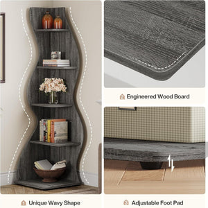 5 Tier Wavy Corner Bookshelf And Plant Stand For Living Room