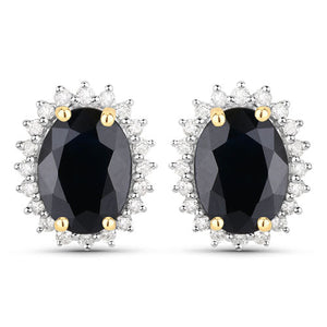 3.32 Carat Genuine Blue Sapphire and White Diamond 14K Yellow Gold Earrings