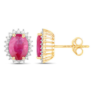 3.14 Carat Genuine Ruby and White Diamond 14K Yellow Gold Earrings
