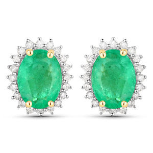 2.66 Carat Genuine Zambian Emerald and White Diamond 10K Yellow Gold Earrings