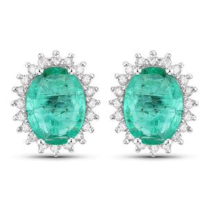 2.66 Carat Genuine Zambian Emerald and White Diamond 14K White Gold Earrings
