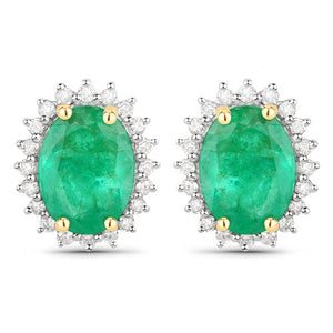 2.66 Carat Genuine Zambian Emerald and White Diamond 14K Yellow Gold Earrings