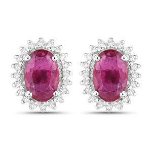 1.16 Carat Genuine Ruby and White Diamond 14K White Gold Earrings