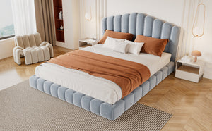 Velvet Upholstered Queen Bed with Shell-Shaped Headboard