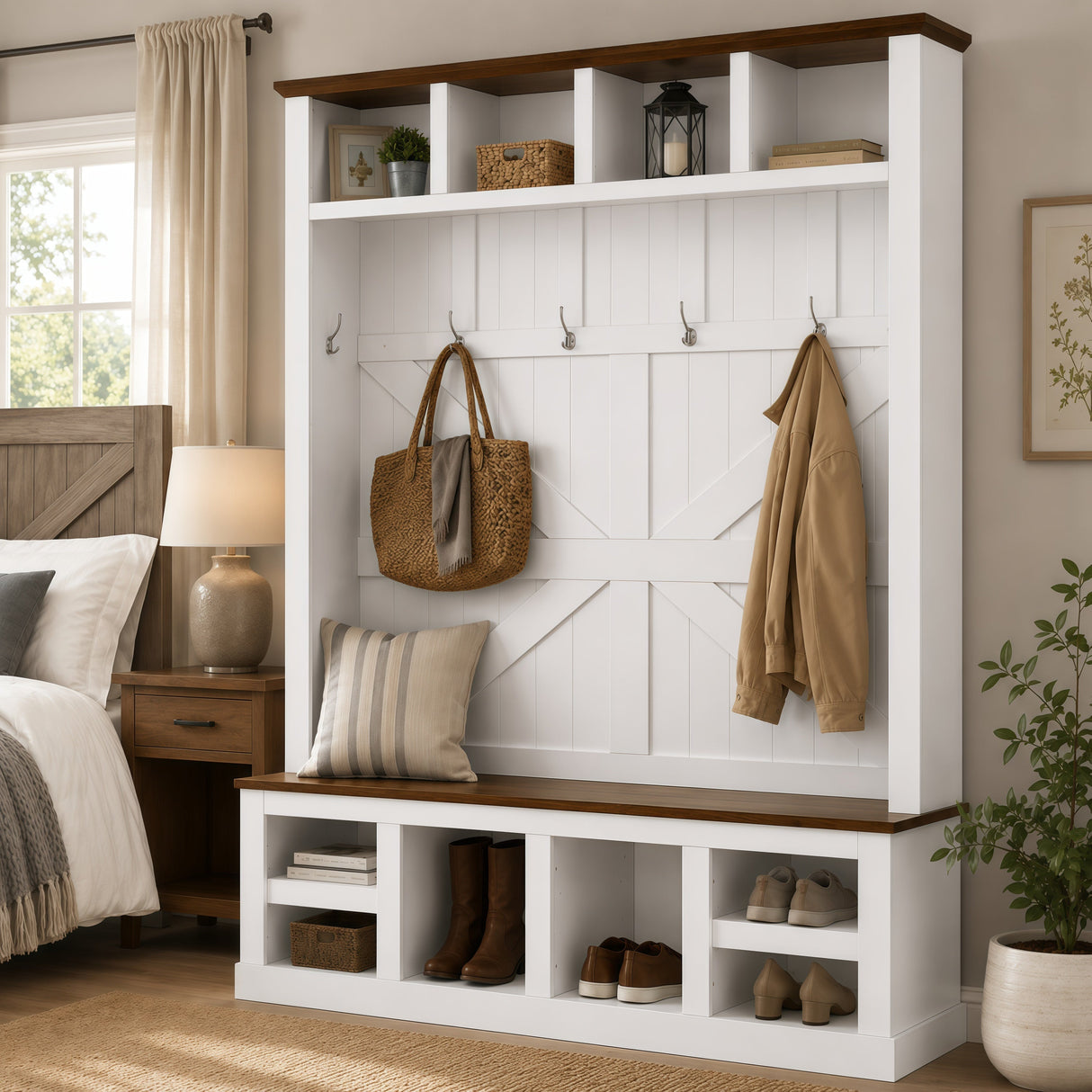 Farmhouse Hall Tree with Bench and Shoe Storage