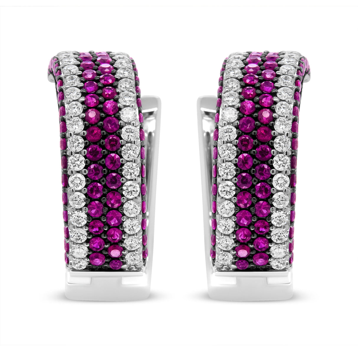 18K White Gold 1 7/8 Cttw Diamond and 1mm Round Red Ruby Open Swish Hoop Earrings (F-G Color, VS1-VS2 Clarity)