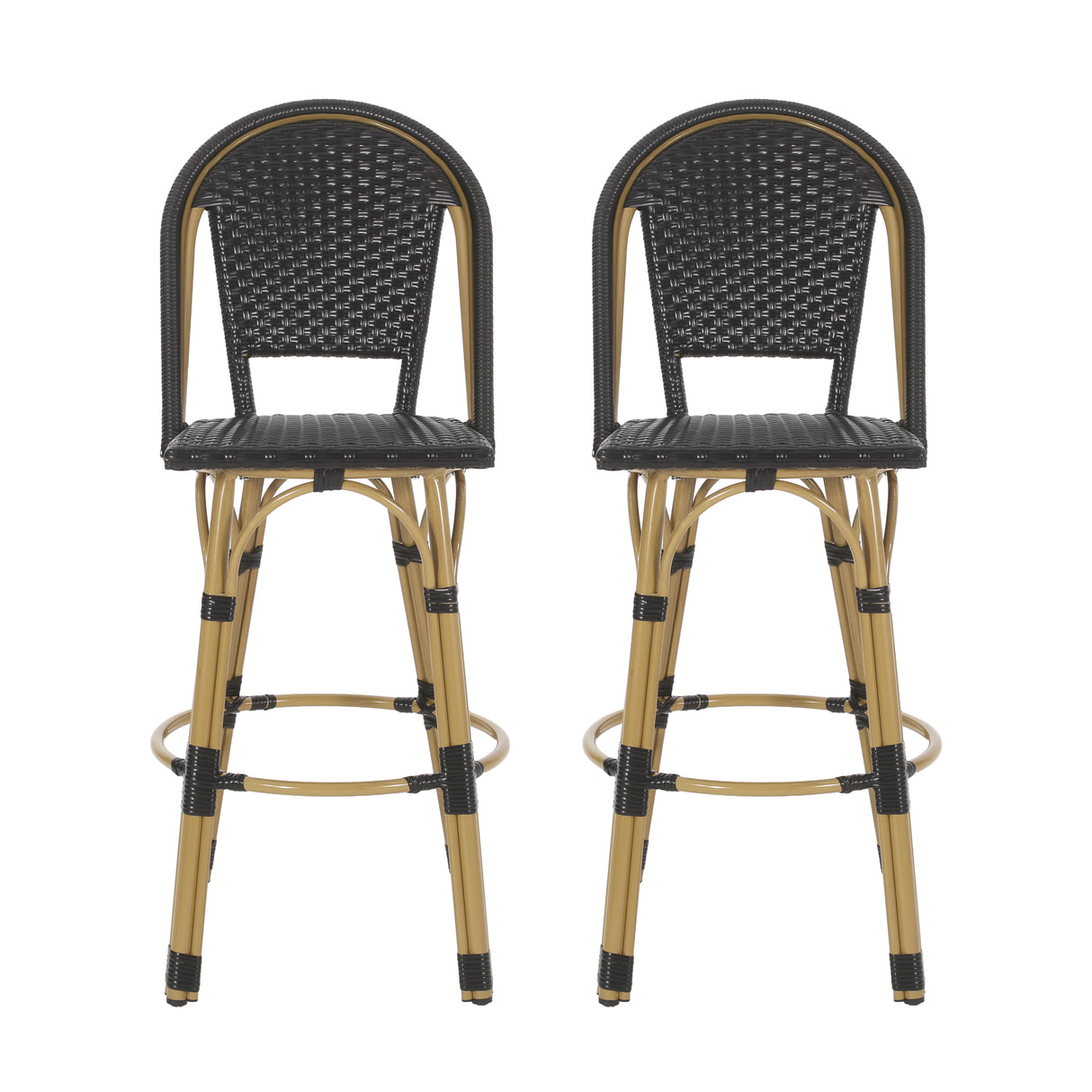 29.5" outdoor pe rattan and aluminum french barstools, set of 2, black and bamboo finish