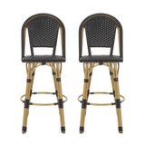 29.5" outdoor pe rattan and aluminum french barstools, set of 2, black and bamboo finish
