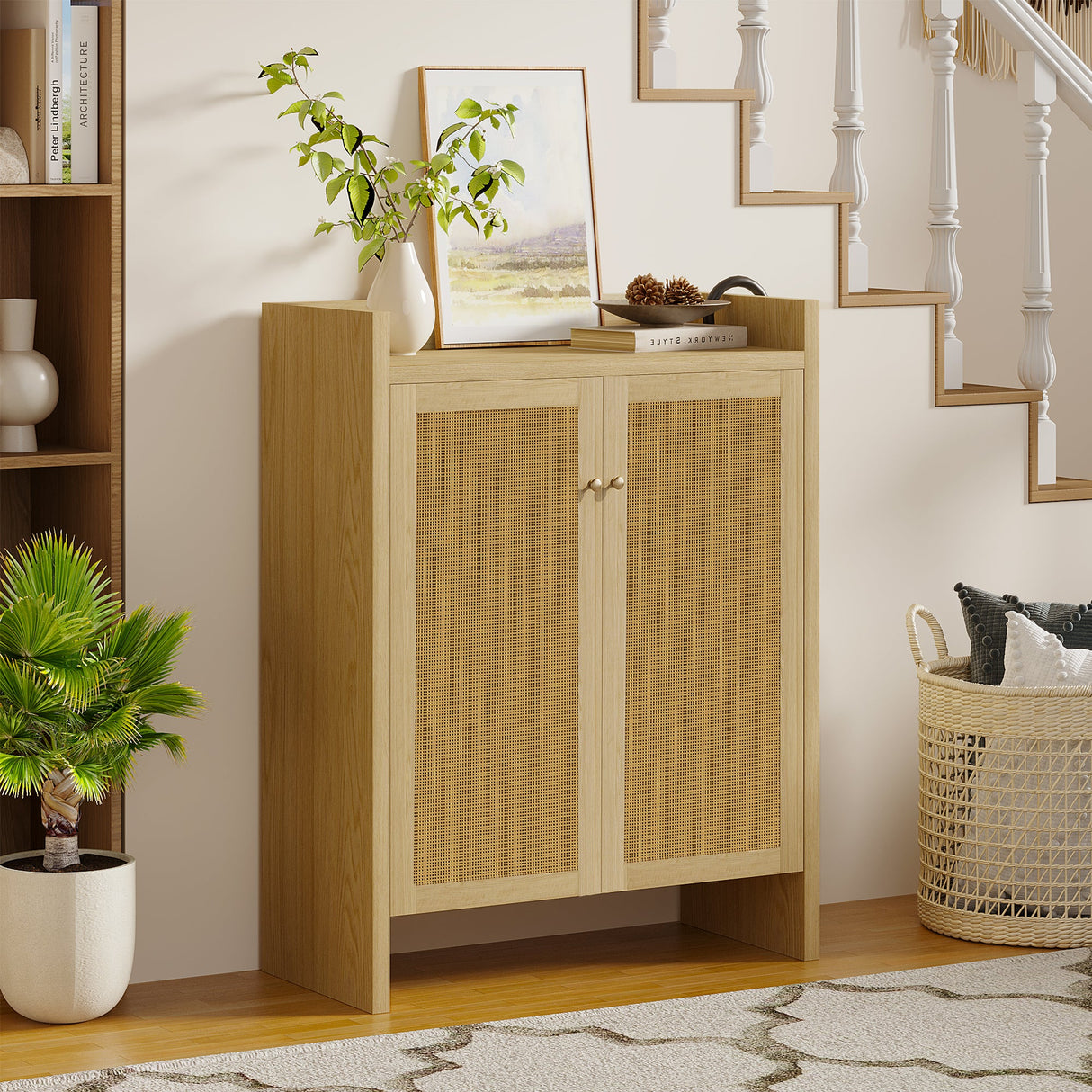 42.5" Tall Rattan Shoe Cabinet with Doors
