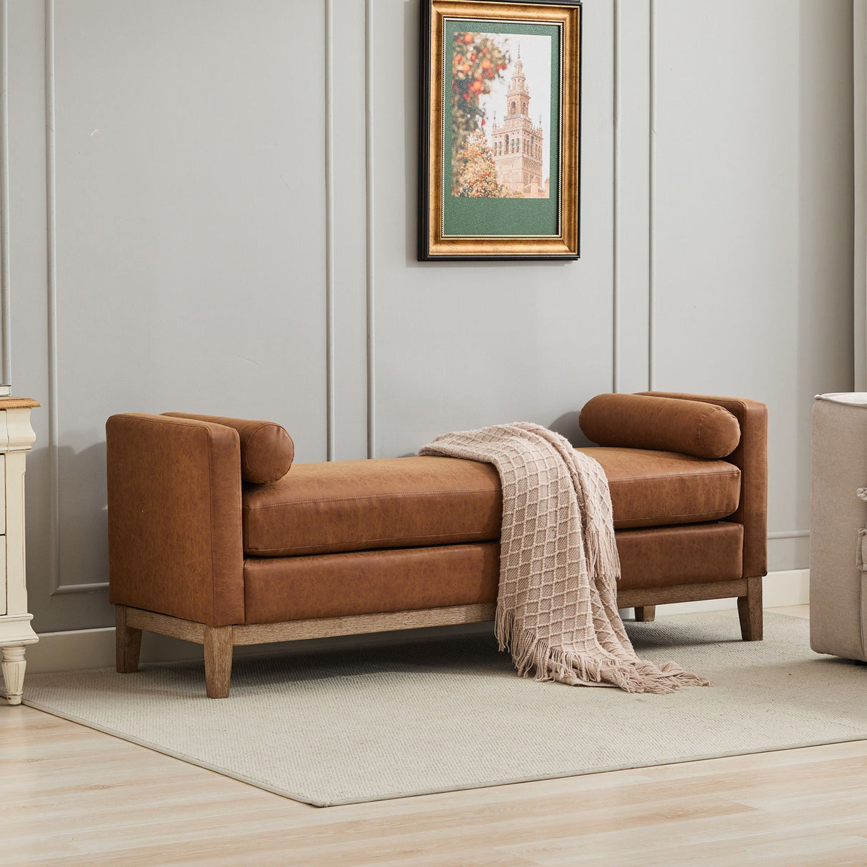 Elegant Upholstered Bench Daybed Ottoman With Bolster Pillows