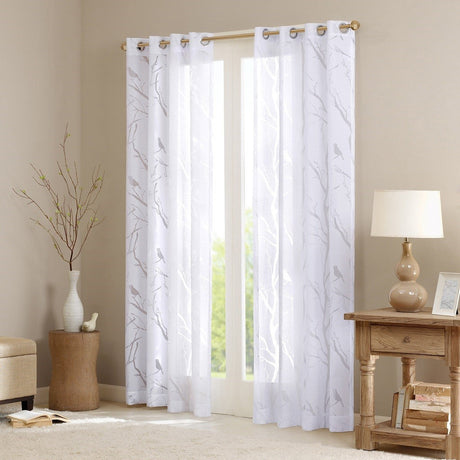 Grommet top sheer bird on branches burnout window curtain (only 1 pc panel)