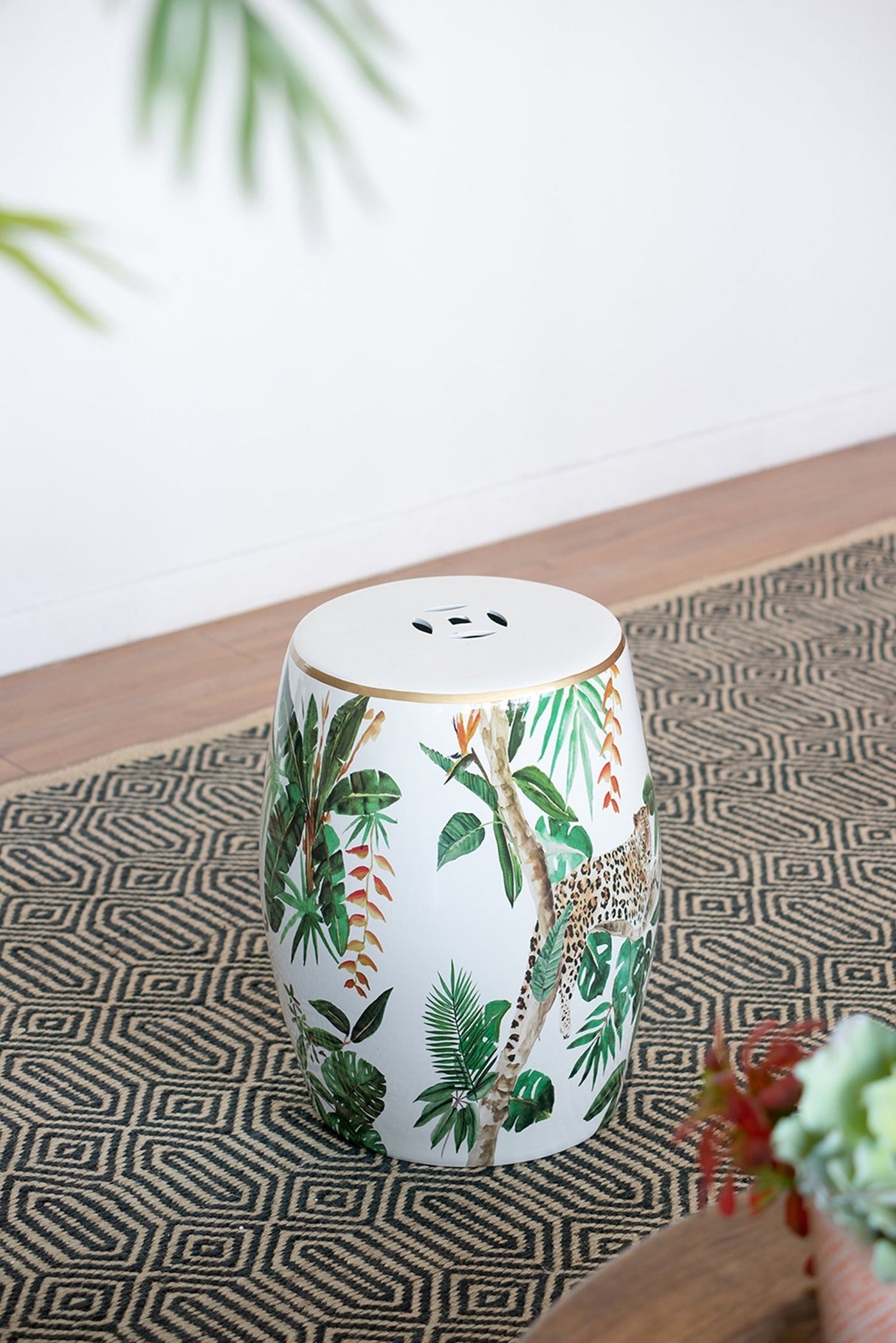 13x13x18" Ceramic Garden Stool Jungle-Themed Accent Side Table