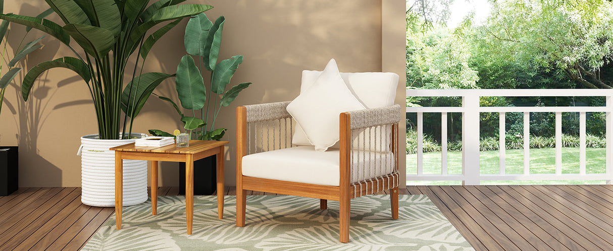 Acacia Wood Outdoor Club Chair with Handwoven Rope Accents and Curved Backrest
