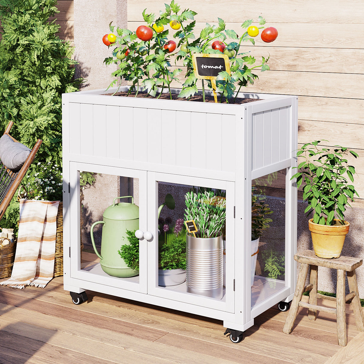 Mobile Fir Wood Cold Frame Greenhouse with Raised Bed