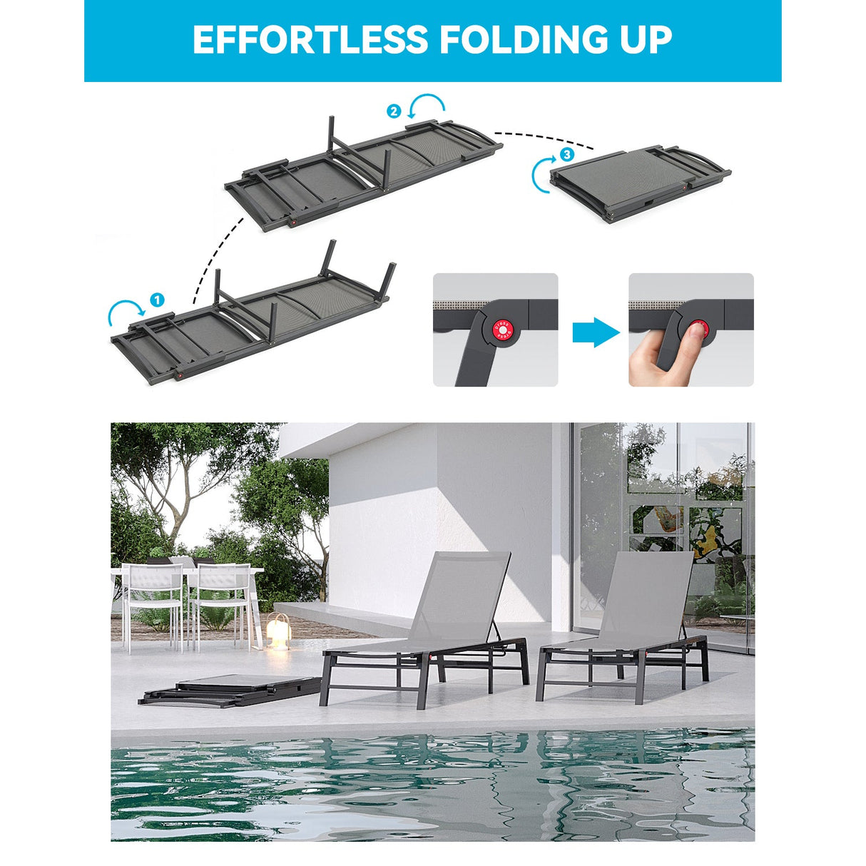 Assemble-Free Aluminum Outdoor Chaise Lounge Set of 2