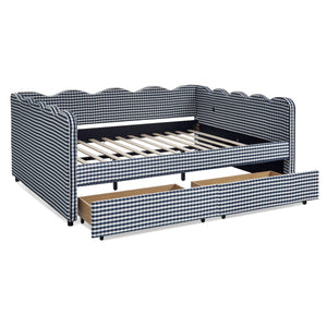 Queen Size Cozy Gingham Daybed with Two Storage Drawers and USB Port