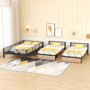Triple Bunk Bed With Drawers, Multi-Functional Frame With Desks And Shelves In The Middle