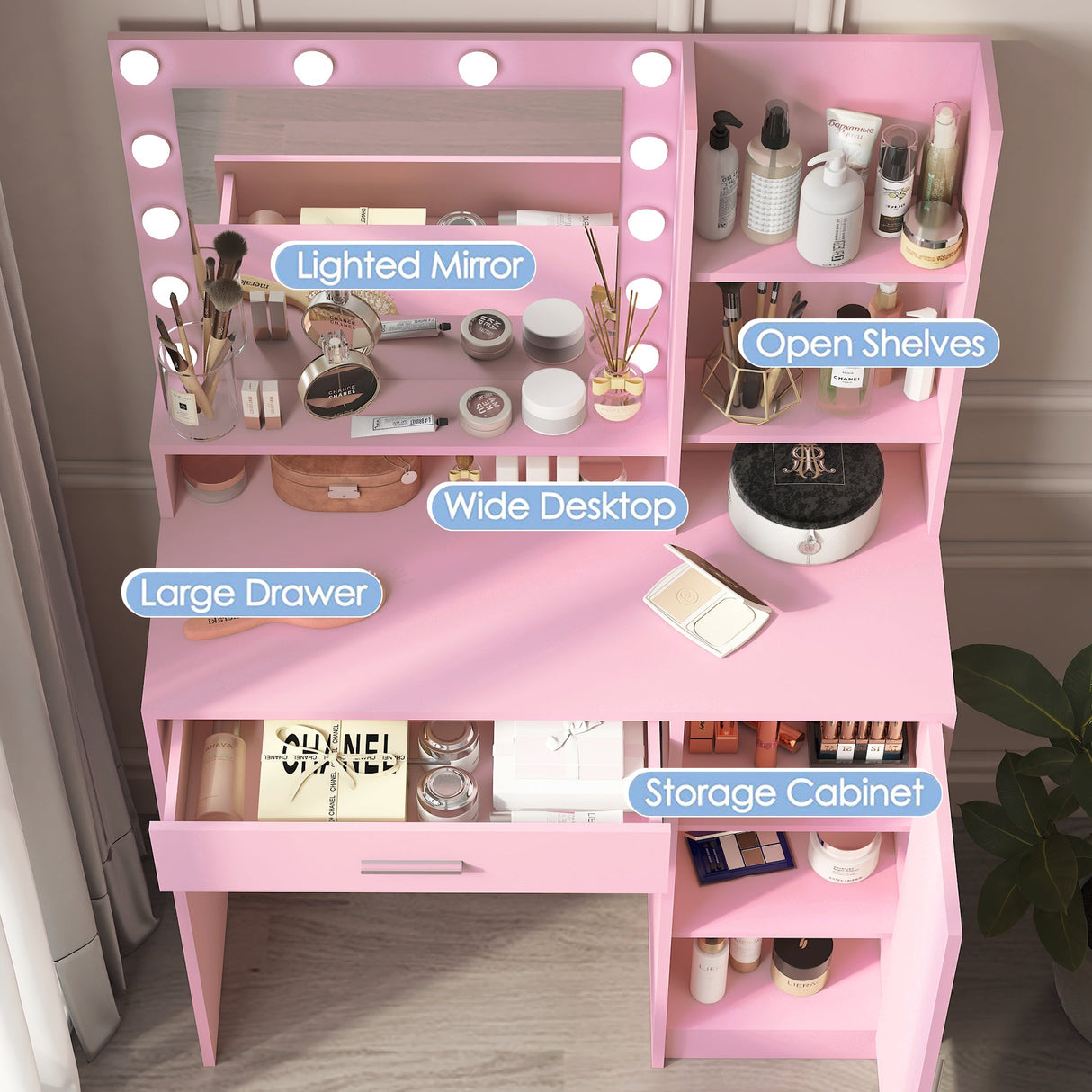 Pink Vanity Desk with Mirror & Light