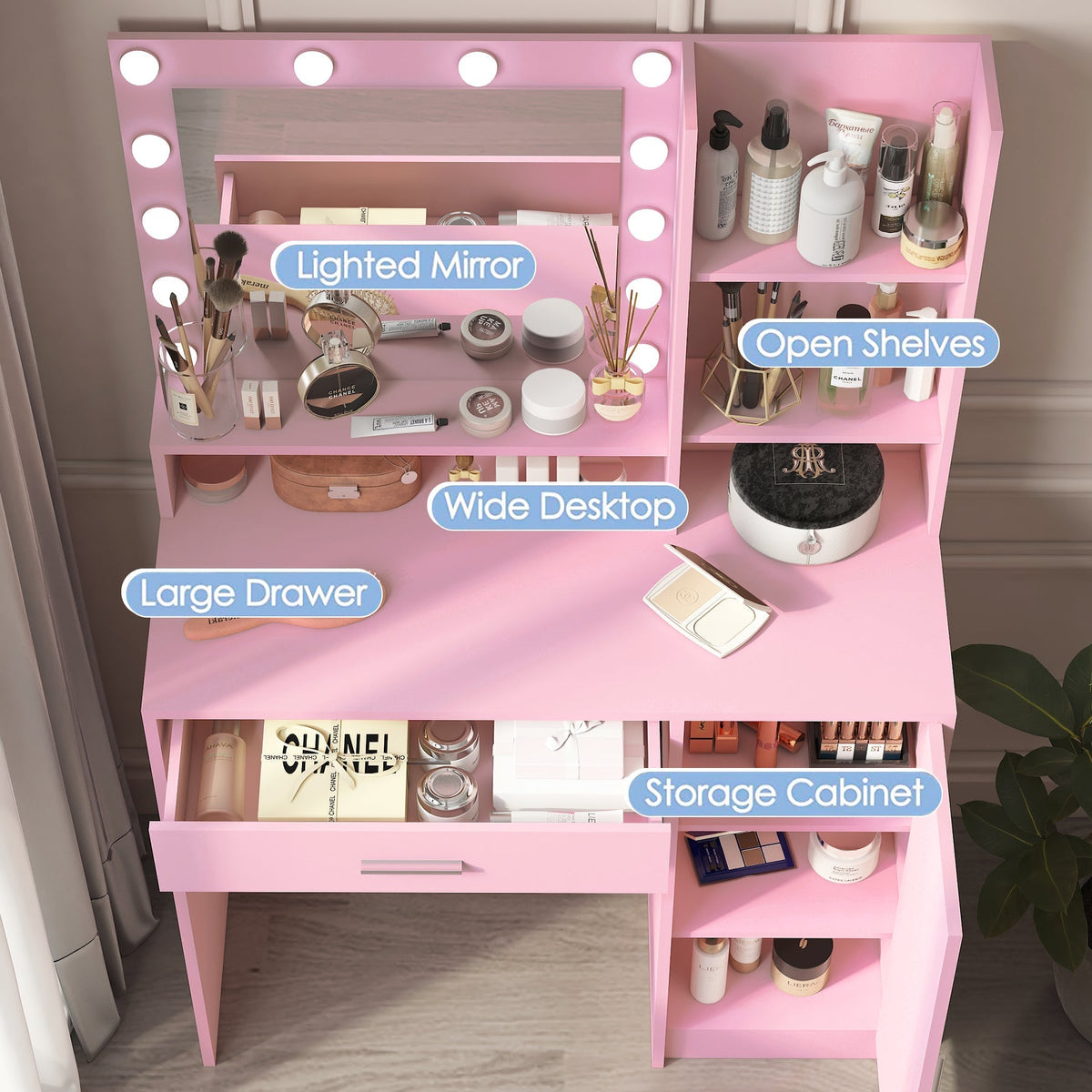 Pink Vanity Desk with Mirror & Light