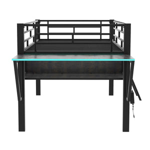 Modern Gaming Mid Loft Bed With Desk And LED Lights