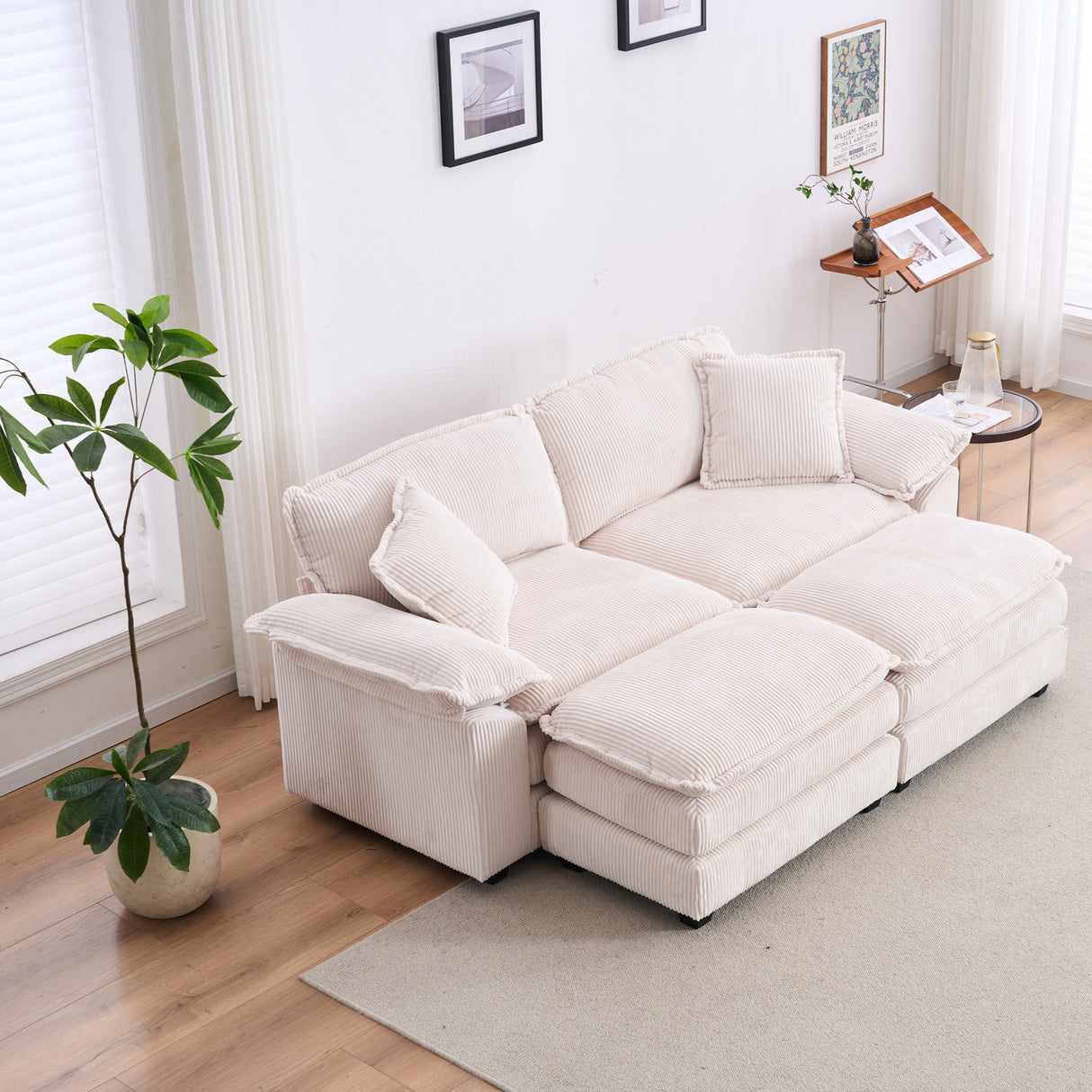 Corduroy-2-seats-sofa-With-2-back-pillows,2-toss-pillows-and-two-ottoman,-White-Sofas-&-Sectionals