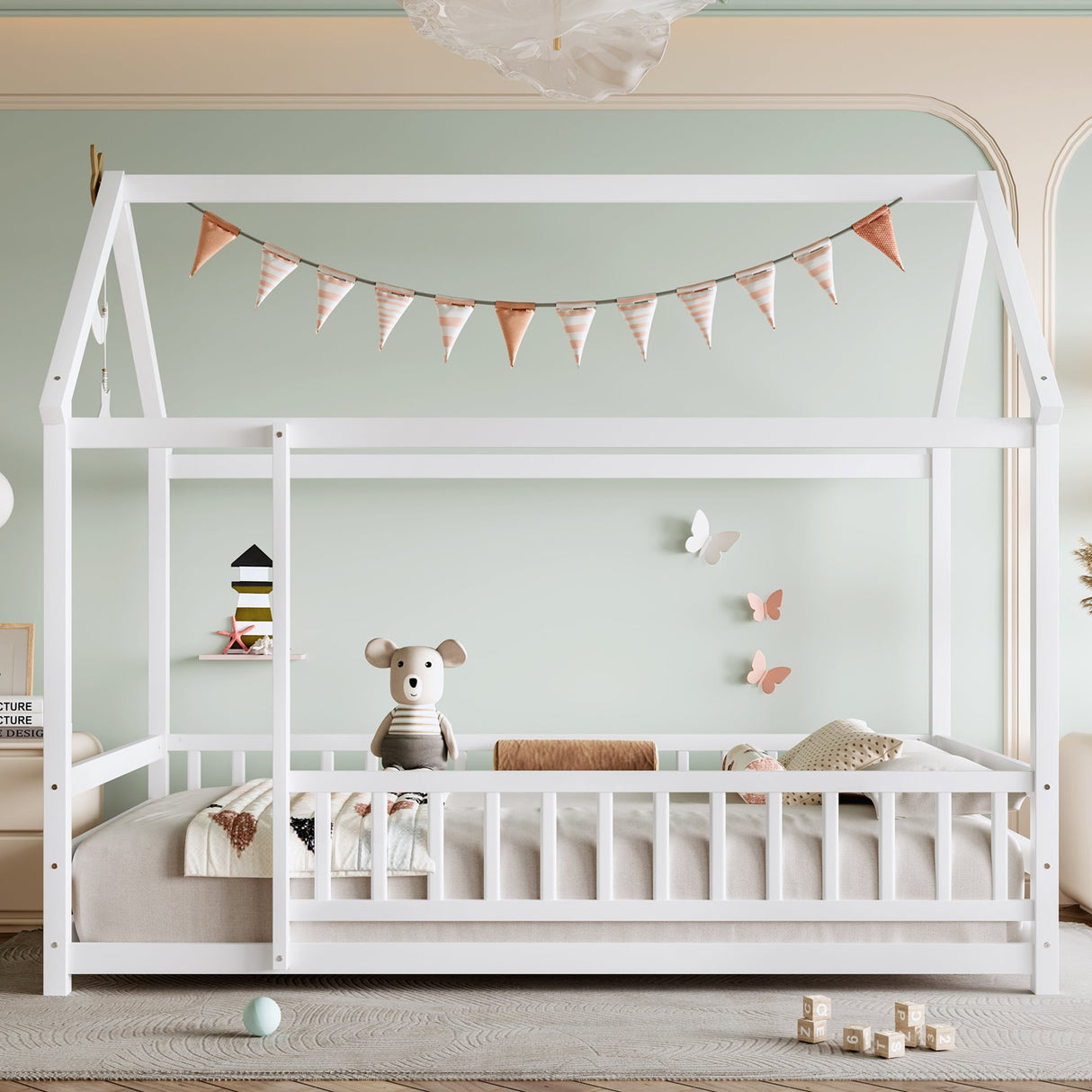 Twin Size Floor Wooden Bed with House Roof Frame