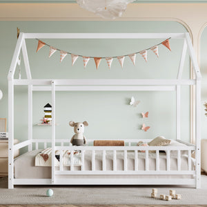 Twin Size Floor Wooden Bed with House Roof Frame