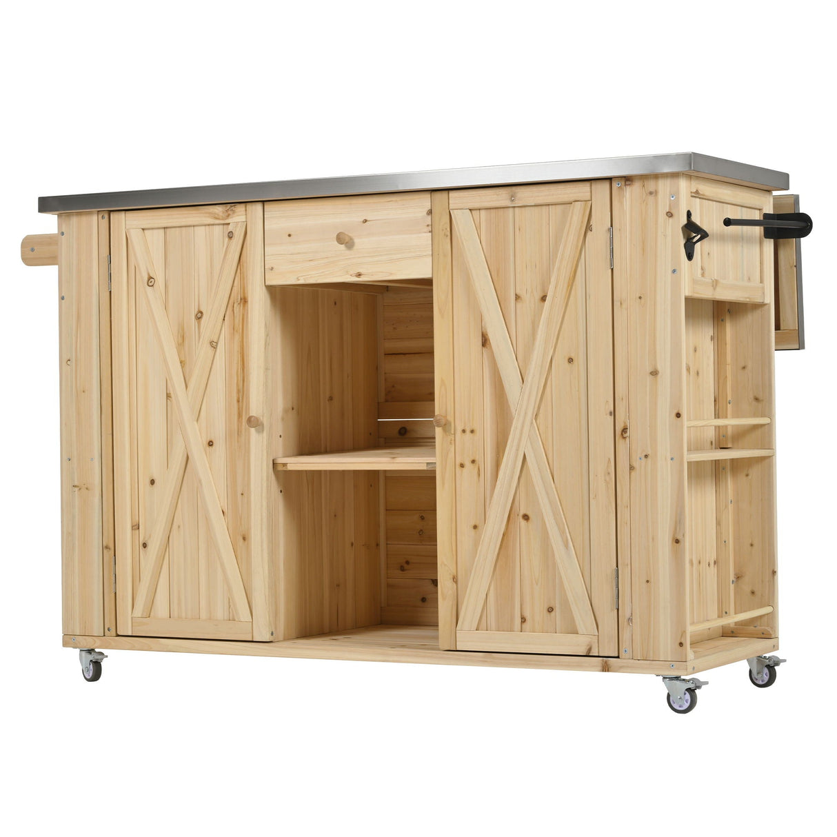 Outdoor Kitchen Island With Stainless Steel Top, Ample Storage Space, Towel And Spice Racks And A Bottle Opener