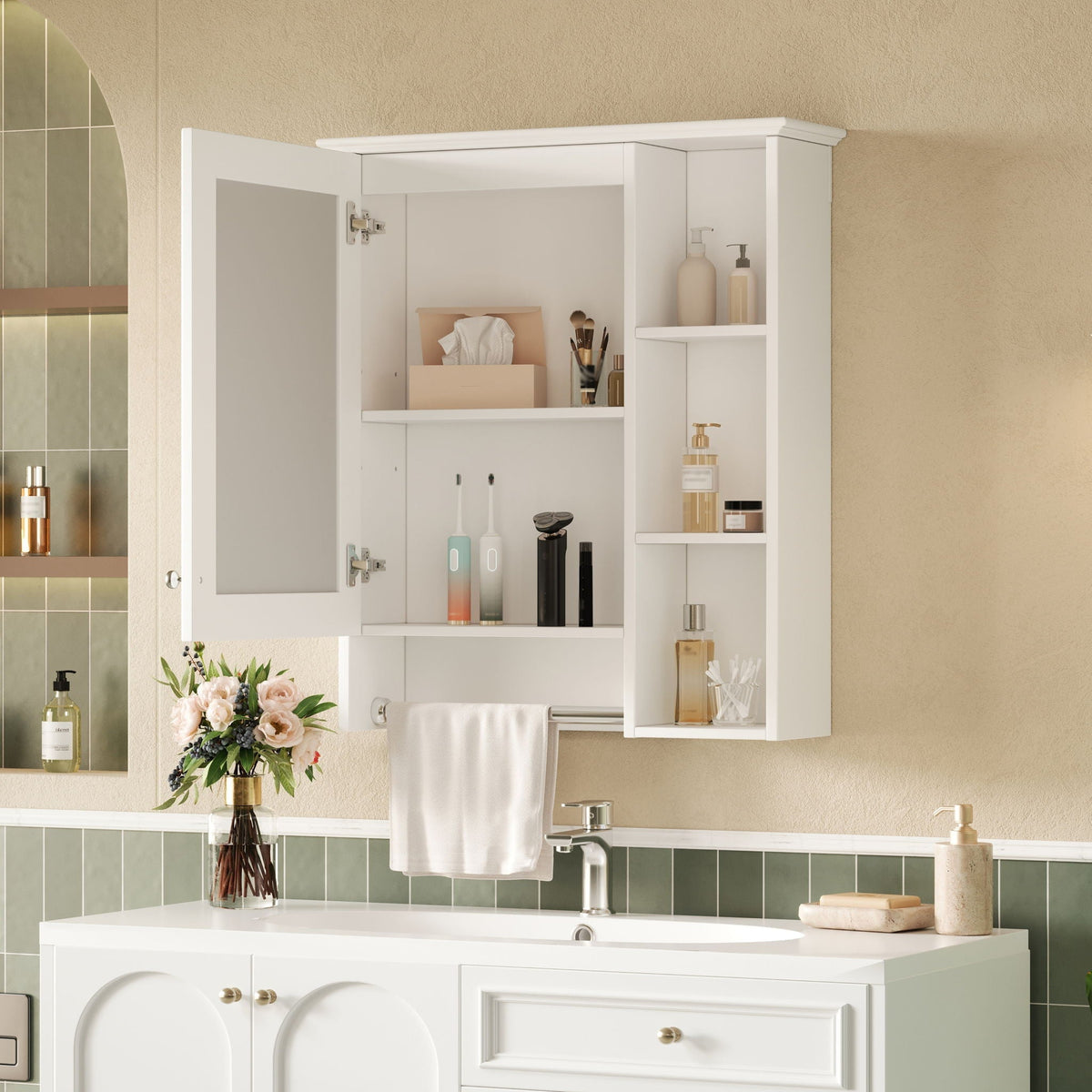 Modern 3 In 1 Bathroom Mirror Cabinet with Adjustable Shelf and Towel Bar - Black or White