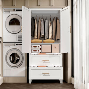 71" Tall Metal Wardrobe Cabinet with 2 Drawers and Hanging Rod