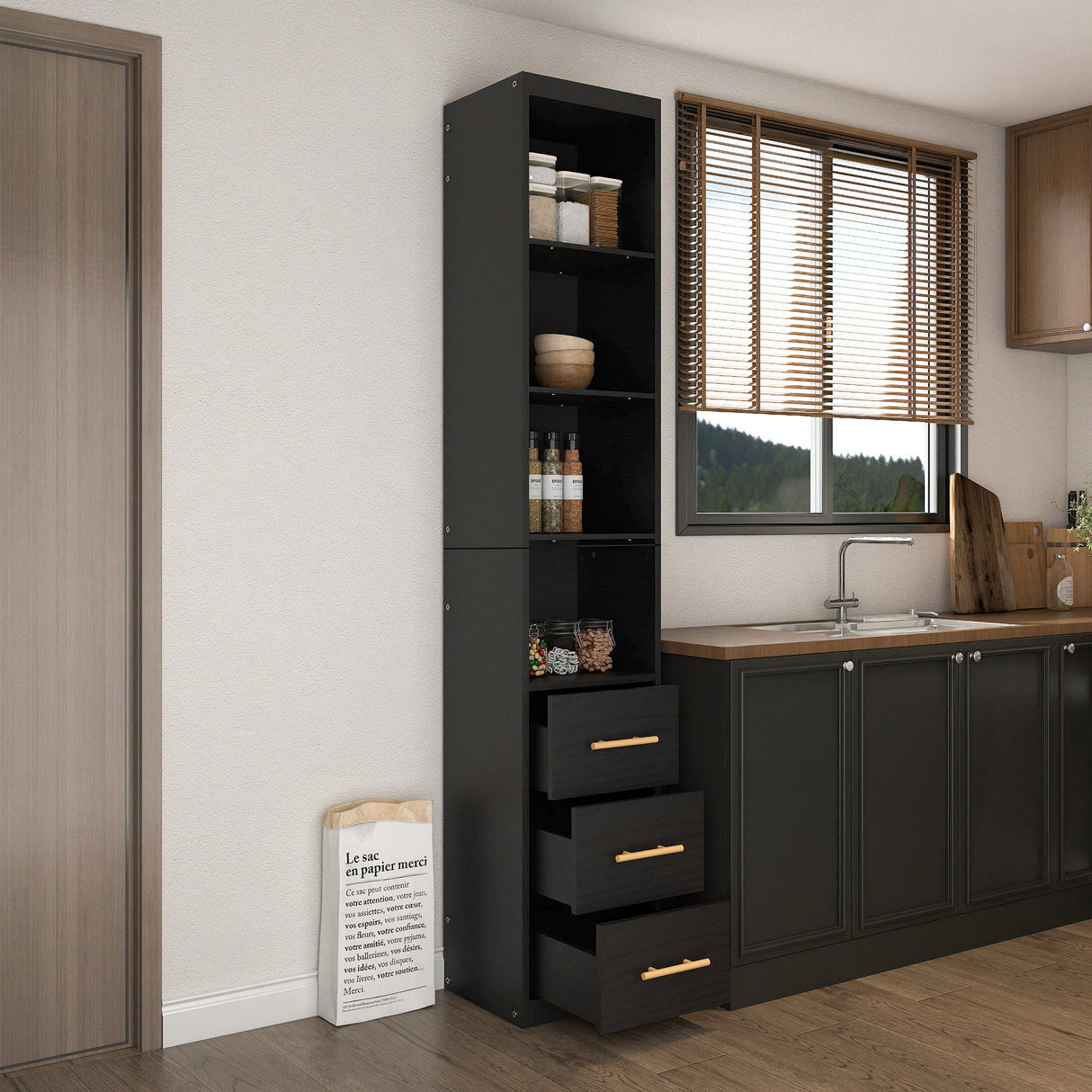 85.04" Tall Storage Cabinet with Drawer and Shelves