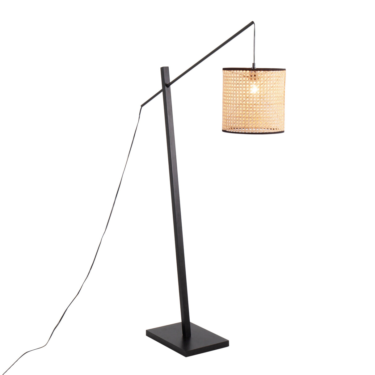 Arturo Contemporary Floor Lamp in Black Wood and Steel with Rattan Shade