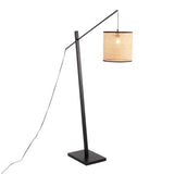 Arturo Contemporary Floor Lamp in Black Wood and Steel with Rattan Shade