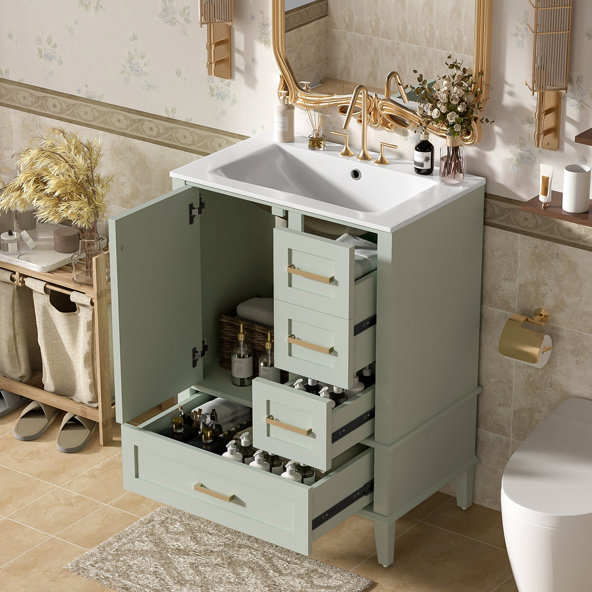 24.8" Bathroom Vanity with Ceramic Sink, Modern Freestanding Cabinet